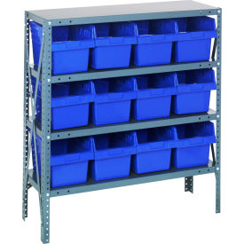 Quantum 1839-SB808 Steel Shelving with 12 8"H Plastic Shelf Bins Blue 36x18x39-SB4 Shelves