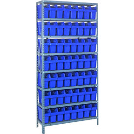 Quantum 1275-SB801 Steel Shelving with 56 8"H Plastic Shelf Bins Blue 36x12x75-SB8 Shelves