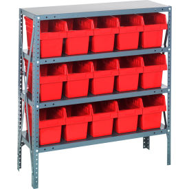 Quantum 1839-SB804 Steel Shelving with 15 8"H Plastic Shelf Bins Red 36x18x39-SB4 Shelves