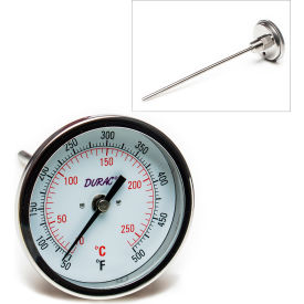 Bel-Art Products 613108600 H-B DURAC Bi-Metallic Dial Thermometer, 10 to 260C (50 to 500F), 1/2" NPT Threaded , 75mm Dial image.