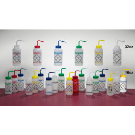 Bel-Art Products 116460631 Bel-Art Safety-Labeled 2-Color Deionized Water WM Wash Bottles, 500ml (16oz), PE w/Blue PP Cap, 6Pk image.