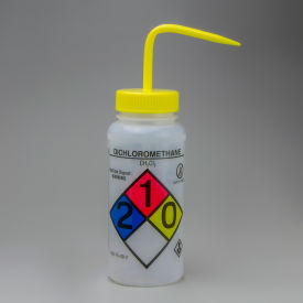 Bel-Art Products 124160002 Bel-Art GHS Labeled Safety-Vented Dichloromethane Wash Bottles, 500ml (16oz), PE w/YLW PP Cap, 4Pk image.