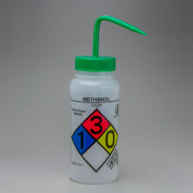 Bel-Art Products 124160011 Bel-Art GHS Labeled Safety-Vented Methanol Wash Bottles, 500ml (16oz), Polyethylene w/Green Cap 4Pk image.