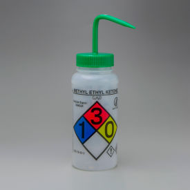 Bel-Art Products 124160012 Bel-Art GHS Labeled Methyl Ethyl Ketone Wash Bottles, 500ml (16oz), Polyethylene w/Green PP Cap 4Pk image.