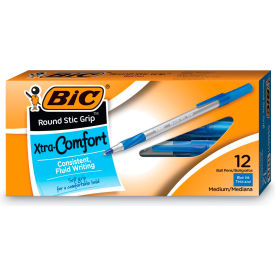 BIC® Round Stic Grip Xtra Comfort Ballpoint Pen Easy-Glide System 1.2 mm Blue Ink Dozen