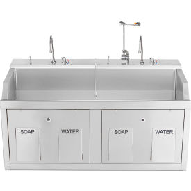Blickman, Inc, 1339882WED Blickman Double Station Wall Mounted Lodi Scrub Sink with Eyewash and Digital Timer, Knee Action image.