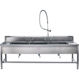 Blickman, Inc, 162DSHB001 Blickman Decontamination Station, 116"Wx26.5"D, Stationary Legs, 3 Sink Bowls, Wall Mounted Faucets image.