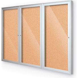 Balt 94PS2-O-01 Balt® Outdoor Enclosed Bulletin Board Cabinet,3-Door 72"W x 36"H, Silver Trim, Natural Cork image.