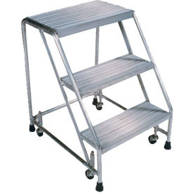 Ribbed 3 Step 24""W Aluminum Rolling Ladder 10""D Top Step Spring Loaded - A3S30