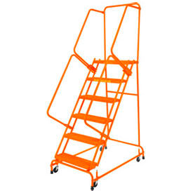 Perforated 24""W 6 Step Steel Rolling Ladder 14""D Top Step Lock Step Orange w/ Cal OSHA Handrail