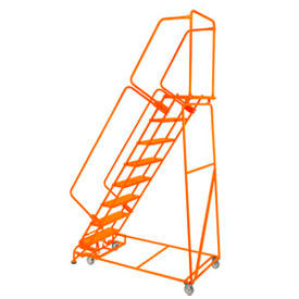 Perforated 24""W 7 Step Steel Rolling Ladder 14""D Top Step Lock Step Orange w/ Cal OSHA Handrail