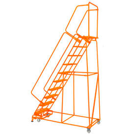 Perforated 24""W 9 Step Steel Rolling Ladder 14""D Top Step Lock Step Orange w/ Cal OSHA Handrail