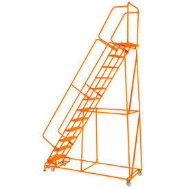 Grip 24""W 11 Step Steel Rolling Ladder 14""D Top Step Lock Step Orange w/ Cal OSHA Handrail