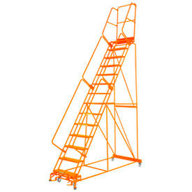 Grip 24""W 13 Step Steel Rolling Ladder 14""D Top Step Lock Step Orange w/ Cal OSHA Handrail