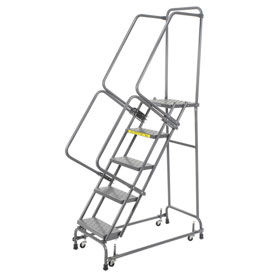 Perforated 24""W 5 Step Steel Rolling Ladder 14""D Top Step w/ Cal OSHA Handrail