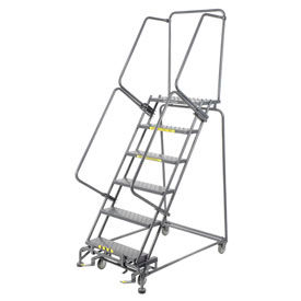 Grip 16""W 6 Step Steel Rolling Ladder 14""D Top Step w/ Cal OSHA Handrail