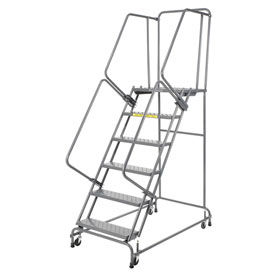 Perforated 16""W 6 Step Steel Rolling Ladder 14""D Top Step w/ Cal OSHA Handrail