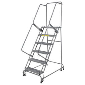 Grip 24""W 6 Step Steel Rolling Ladder 14""D Top Step- Lock Type A w/ Cal OSHA Handrail