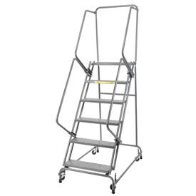 Perforated 24""W 6 Step Steel Rolling Ladder 14""D Top Step- Lock Style A w/ Cal OSHA Handrail