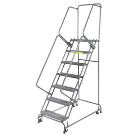 Grip 16""W 7 Step Steel Rolling Ladder 14""D Top Step w/ Cal OSHA Handrail