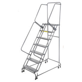 Perforated 16""W 7 Step Steel Rolling Ladder 14""D Top Step w/ Cal OSHA Handrail