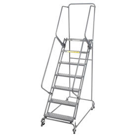 Perforated 24""W 7 Step Steel Rolling Ladder 14""D Top Step- Lock Style A w/ Cal OSHA Handrail