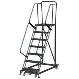 7 Step Heavy Duty Steel Rolling Safety Ladder Heavy Duty Serrated Grating w/ Cal OSHA Handrail