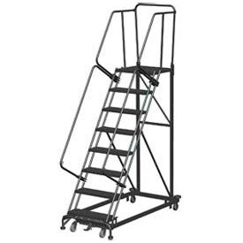 8 Step Heavy Duty Steel Rolling Safety Ladder Heavy Duty Serrated Grating w/ Cal OSHA Handrail