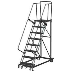 8 Step Extra Heavy Duty Steel Rolling Safety Ladder - Perforated Tread w/ Cal OSHA Handrail