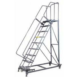 9 Step Extra Heavy Duty Steel Rolling Safety Ladder - Perforated Tread w/ Cal OSHA Handrail