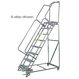 6 Step 16""Wx52""D Stainless Steel Rolling Safety Ladder - Serrated Grating w/ Cal OSHA Handrail