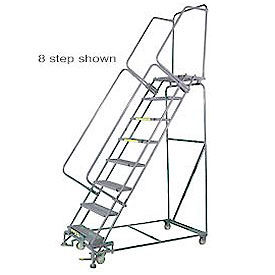 7 Step 16""Wx72""D Stainless Steel Rolling Safety Ladder - Serrated Grating w/ Cal OSHA Handrail