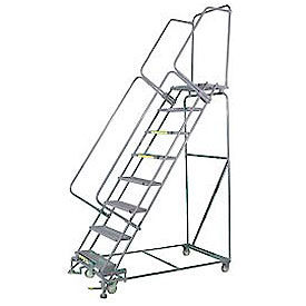 8 Step 16""Wx64""D Stainless Steel Rolling Safety Ladder - Serrated Grating w/ Cal OSHA Handrail