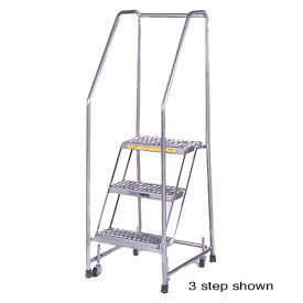 6 Step 16""W Stainless Steel Rolling Ladder Heavy Duty Serrated Grating w/ Cal OSHA Handrail