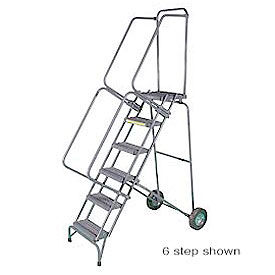 10 Step 16""W Stainless Steel Fold and Store Rolling Ladder - Perforated Tread w/ Cal OSHA Handrail