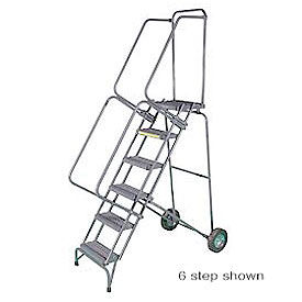 11 Step 16""W Stainless Steel Fold and Store Rolling Ladder - Perforated Tread w/ Cal OSHA Handrail