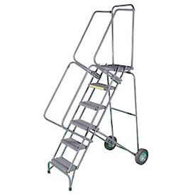 6 Step 16""W Steel Fold & Store Rolling Ladder Heavy Duty Serrated Grating w/ Cal OSHA Handrail