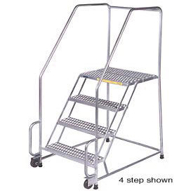 6 Step 16""W Stainless Steel Tilt and Roll Ladder - Heavy Duty Serrated Grating w/ Cal OSHA Handrail