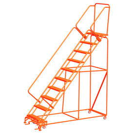 10 Step 24""W Steel Safety Angle Orange Rolling Ladder Serrated Tread w/ Cal OSHA Handrail