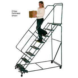 10 Step 24""W Steel Safety Angle Rolling Ladder w/ Handrails - Perforated Tread w/ Cal OSHA Handrail