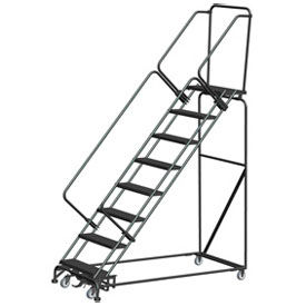 6 Step Steel Stairway Slope Rolling Ladder Weight Actuated Lock 16""W Serr. Step w/ Cal OSHA Handrail