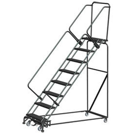 10 Step Steel Slope Rolling Ladder Weight Actuated Lock 24""W Serr. Step w/ Cal OSHA Handrail
