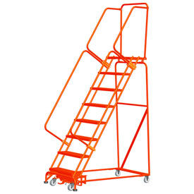 10 Step Steel Rolling Ladder w/ Weight Actuated Lock 24""W Serrated Step Orange w/ Cal OSHA Handrail