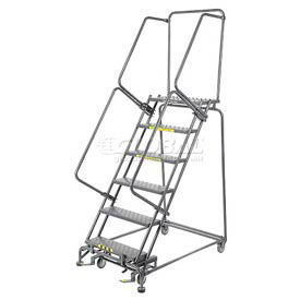 Perforated 24""W 6 Step Steel Rolling Ladder 14""D Top Step Lock Style B W/Cal OSHA Handrail
