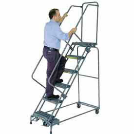 Perforated 24""W 6 Step Steel Rolling Ladder 21""D Top Step Lock Type B W/Cal OSHA Handrail