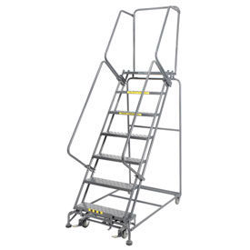 Perforated 24""W 7 Step Steel Rolling Ladder 14""D Top Step Lock Style B W/Cal OSHA Handrail