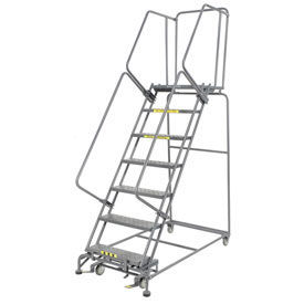 Perforated 24""W 7 Step Steel Rolling Ladder 21""D Top Step Lock Type B W/Cal OSHA Handrail