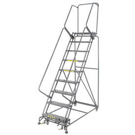 Perforated 24""W 9 Step Steel Rolling Ladder 14""D Top Step W/Cal OSHA Handrail