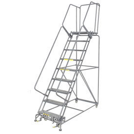 Perforated 24""W 9 Step Steel Rolling Ladder 21""D Top Step W/Cal OSHA Handrail