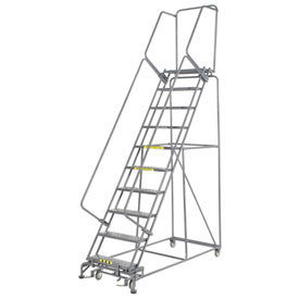 Perforated 24""W 10 Step Steel Rolling Ladder 14""D Top Step W/Cal OSHA Handrail